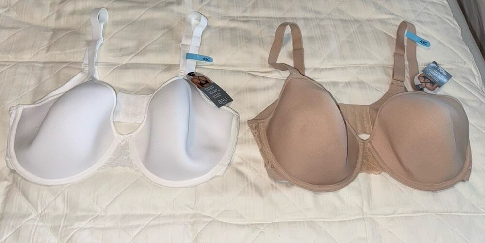 Bali Breathe Cotton Modal Bra 42C Lightweight Underwire White/ Nude Lot Of 2